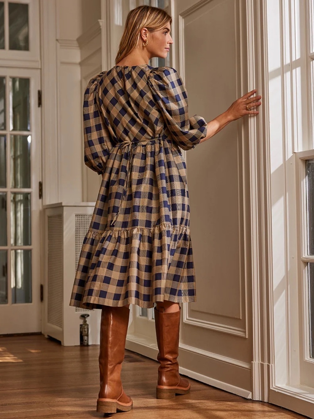 Summersalt Tiered Midi Dress L Buffalo Check Plaid Cotton NWT - Picture 2 of 14